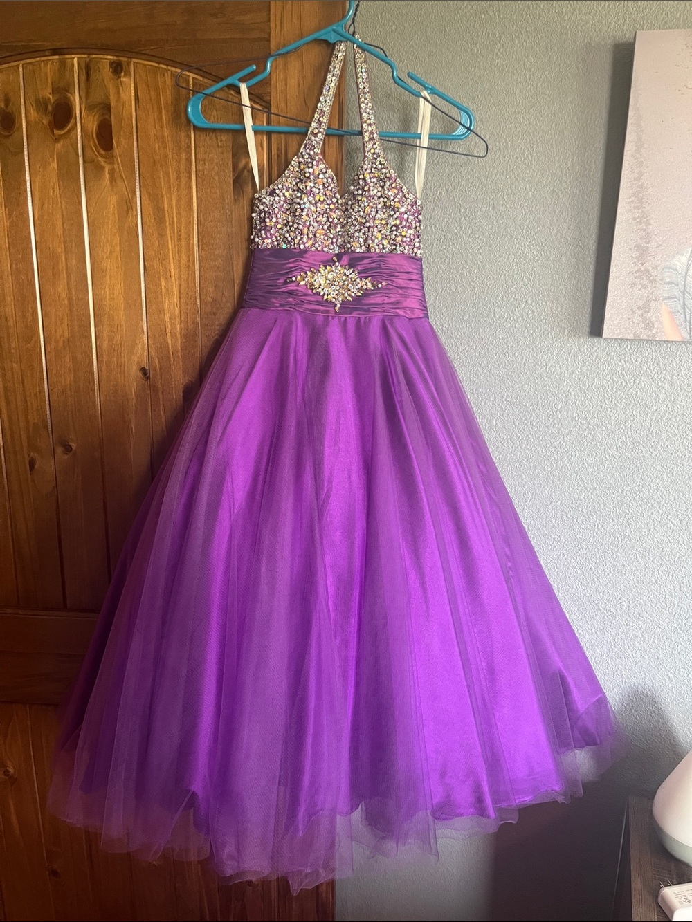 Mac Duggal Girls' Purple Beaded Halter Tulle Gown